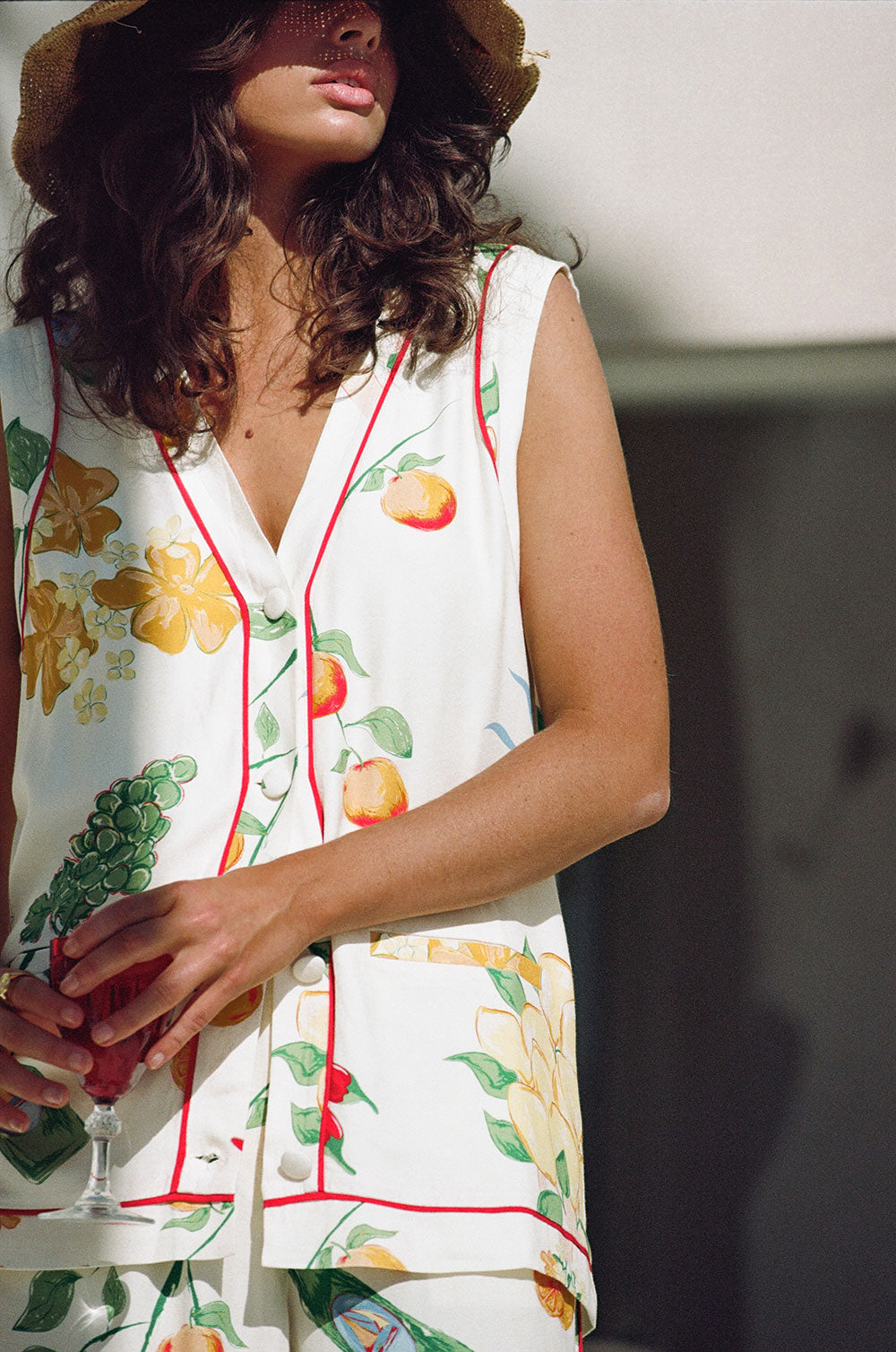 Izabelle V Neck Button Up Top - White, Yellow, Green & Blue Aesta Floral Print