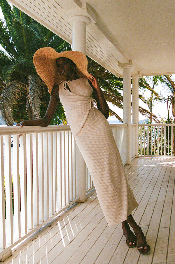 Beige Wrap Fitted Maxi Eliana Dress