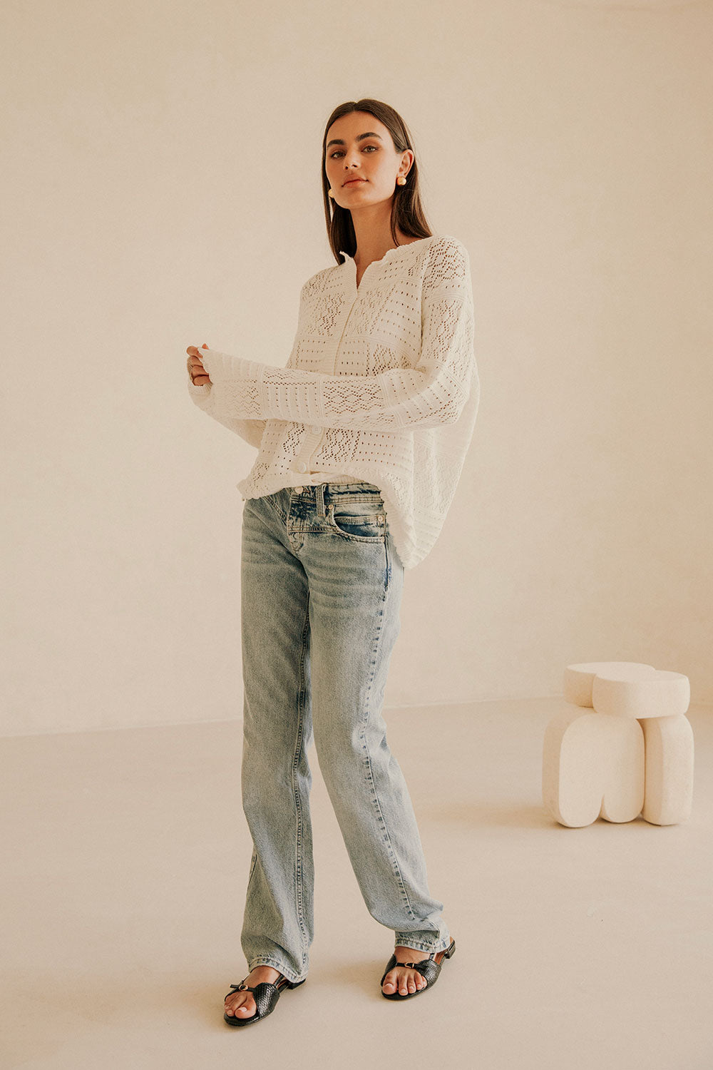 White Knit Long Sleeve Button Up Martina Top