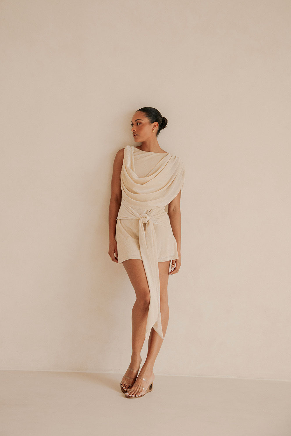 Beige Suede Plunge V Neck Tie Mini June Dress