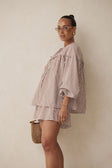 Pennie Long Sleeve Tie Top - Brown, White Stripe