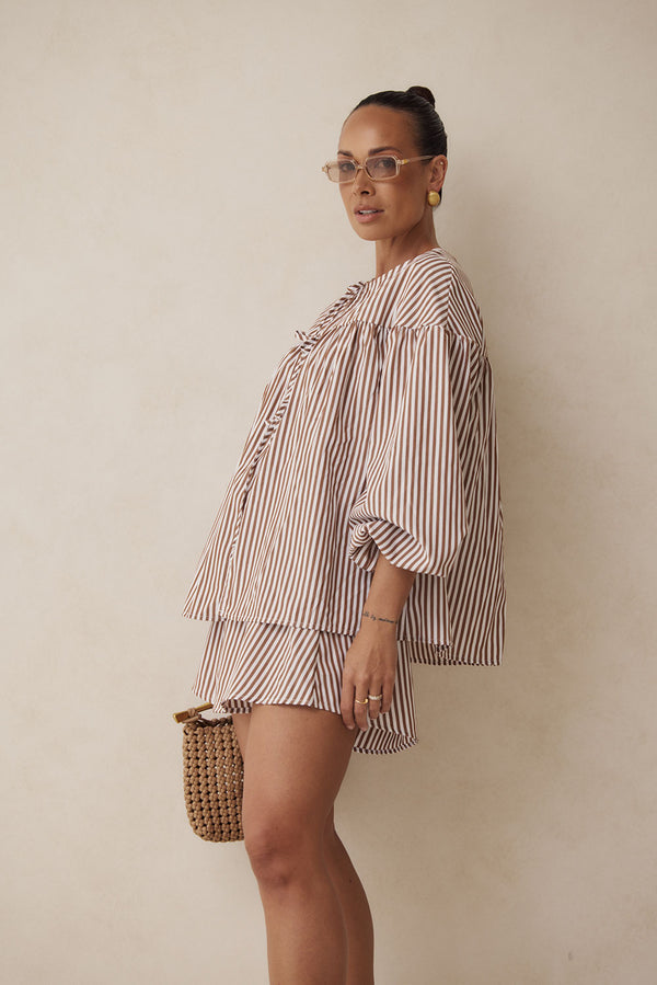 Pennie Long Sleeve Tie Top - Brown, White Stripe