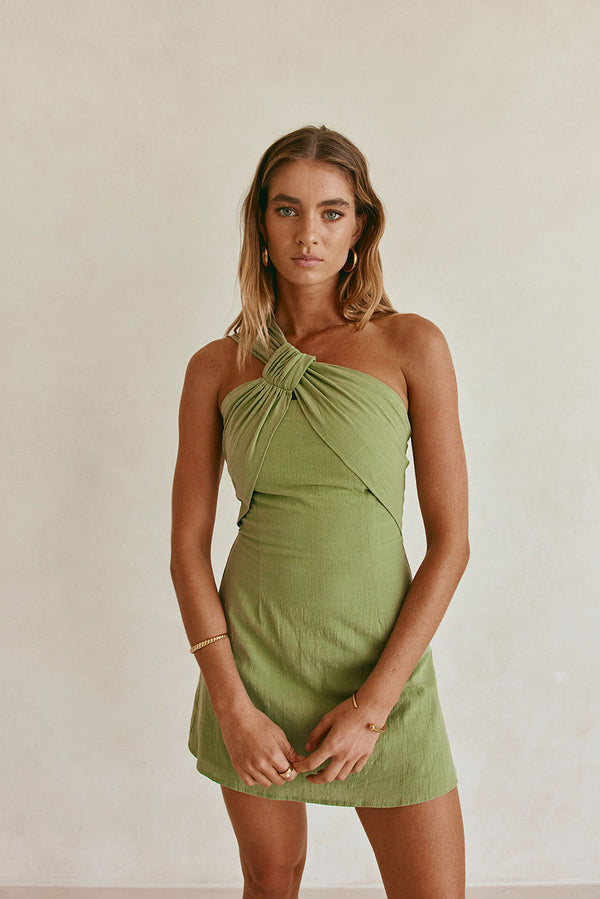  Green One Shoulder Cutout Mini Knot Dimmi Dress