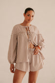 Pennie Long Sleeve Tie Top - Brown, White Stripe