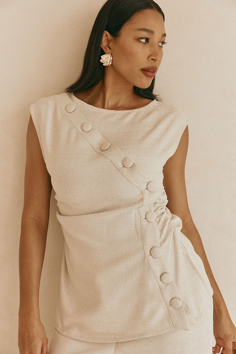Beige Button Gathered Azul Top