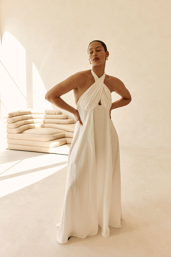 White Cross Neck Halter Laxi Oliviera Dress