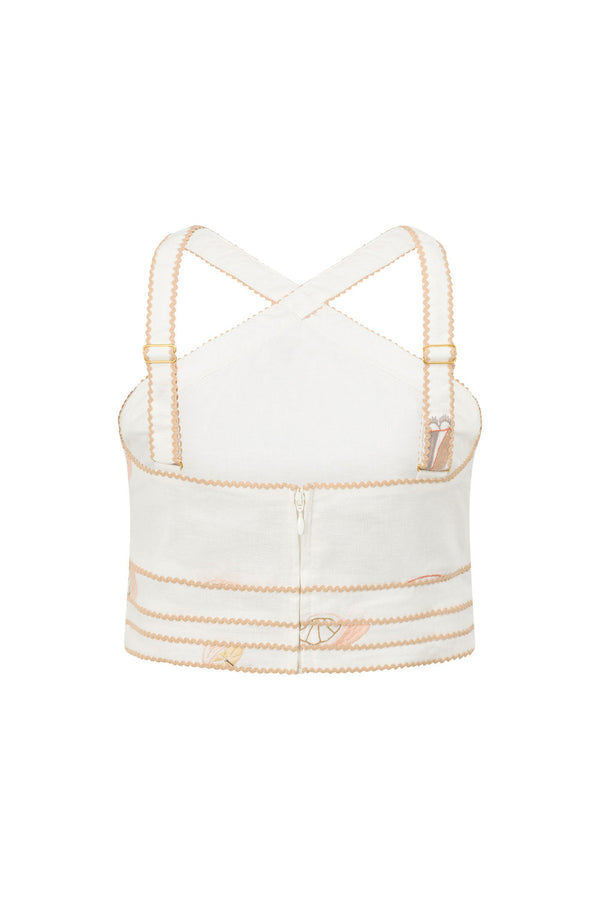 Paradise Halterneck Embroidered Cove Crop Top - Serenita, White, Beige, Pink