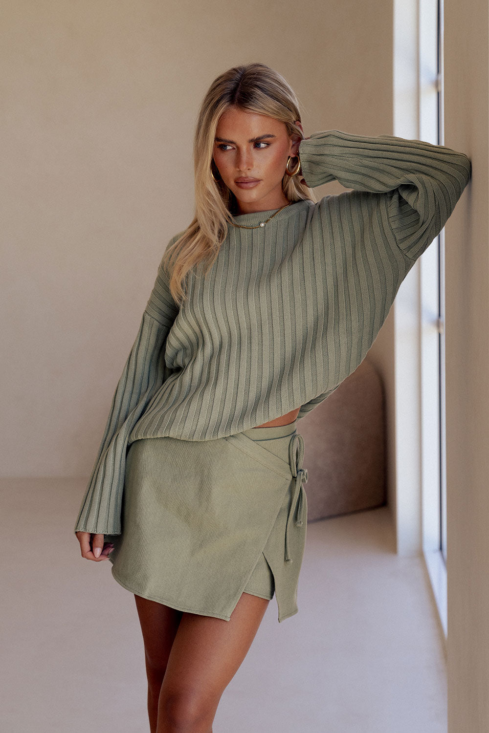 Green Ribbed Knit Sweater Jali Top