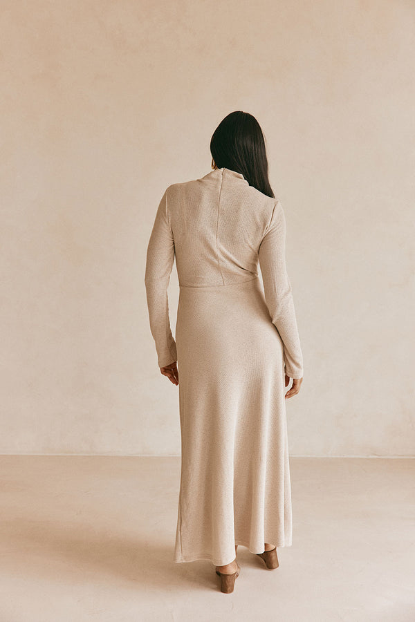 Beige High Neck Long Sleeve Fitted Maxi Simone Dress