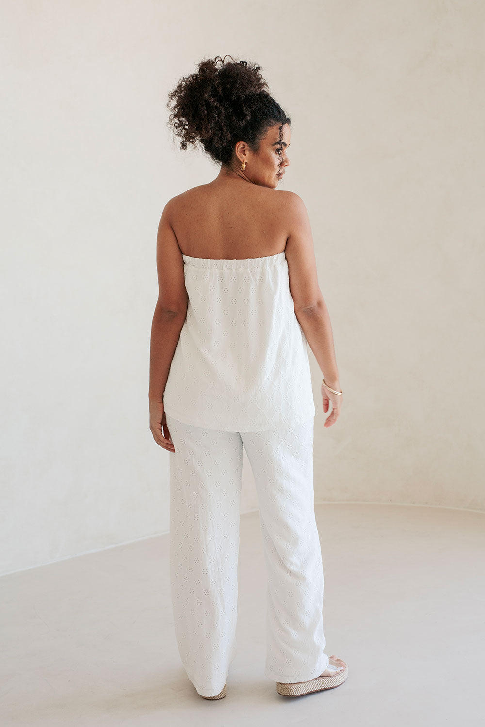 White Elastic Gathered Strapless Ellira Top