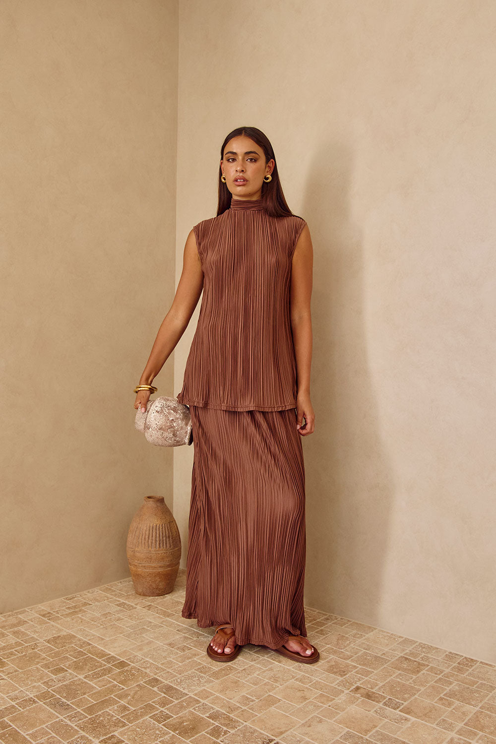 Brown Silky Pleat Drawstring Maxi Catalyna Skirt