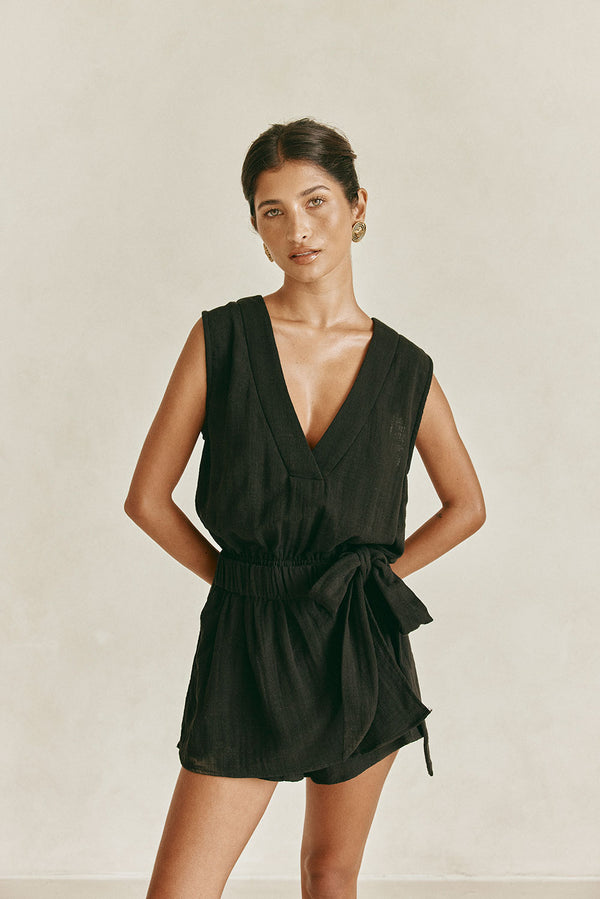 Black V Neckline Wrap Sandy Playsuit 