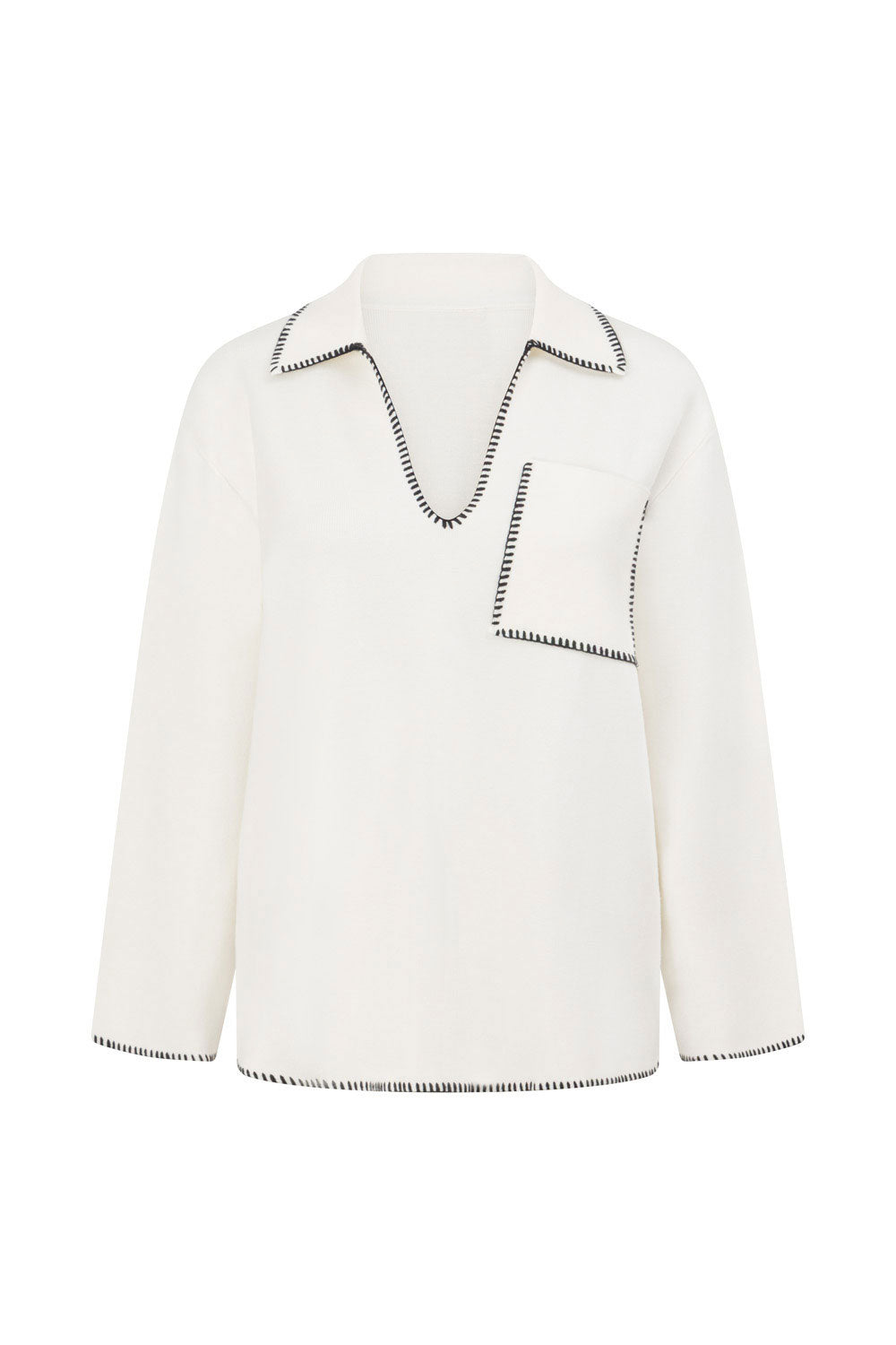 Alara Collared Long Sleeve Top - White, Black Knit Trim