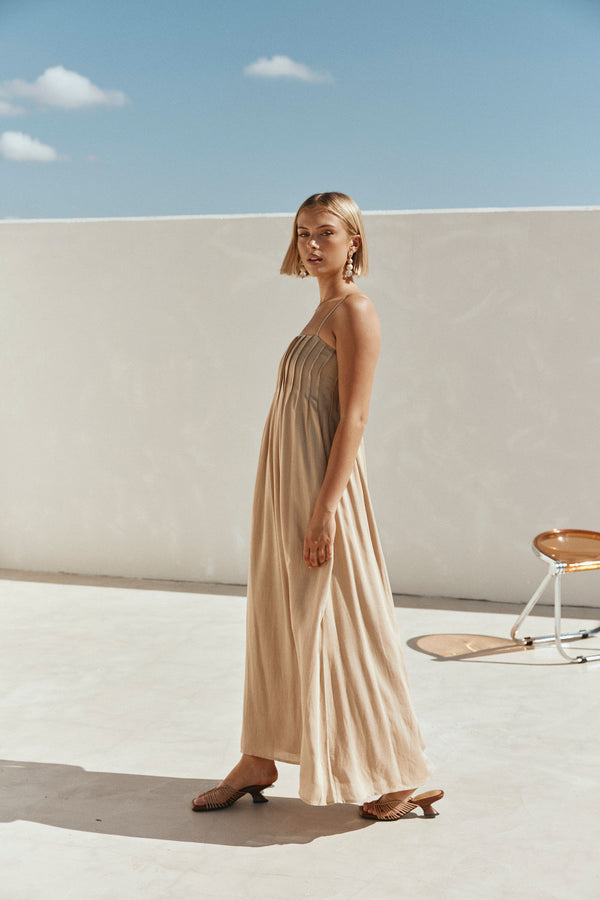 Tan Pin Tuck Pleat Maxi Ada Dress