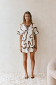 Cream Marbled Mocha Floral Pleat Front Tie Rayne Top