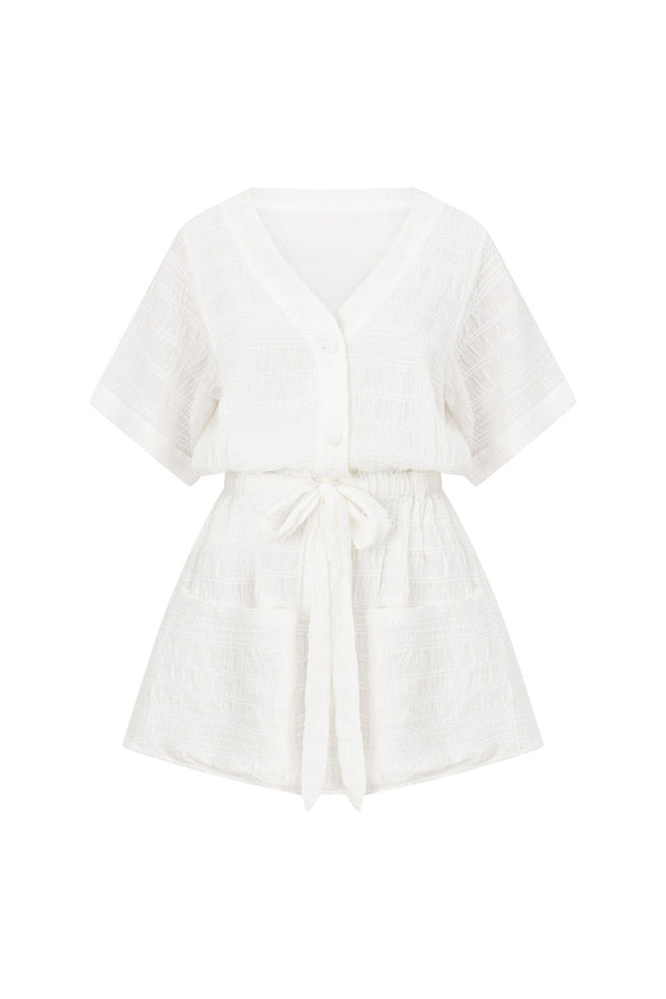 White Short Sleeve Button Mini Tarah Dress