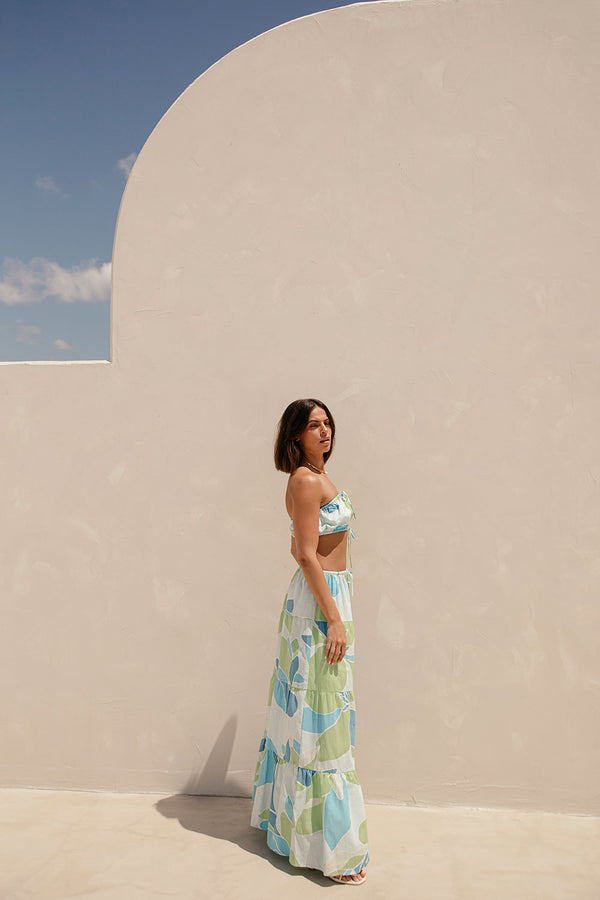 Aviva Elasticated Maxi Skirt - Magnolia Print, Blue, Green, White