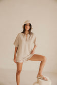 Tan Textured Short Sleeve Button Detail Rhi Top