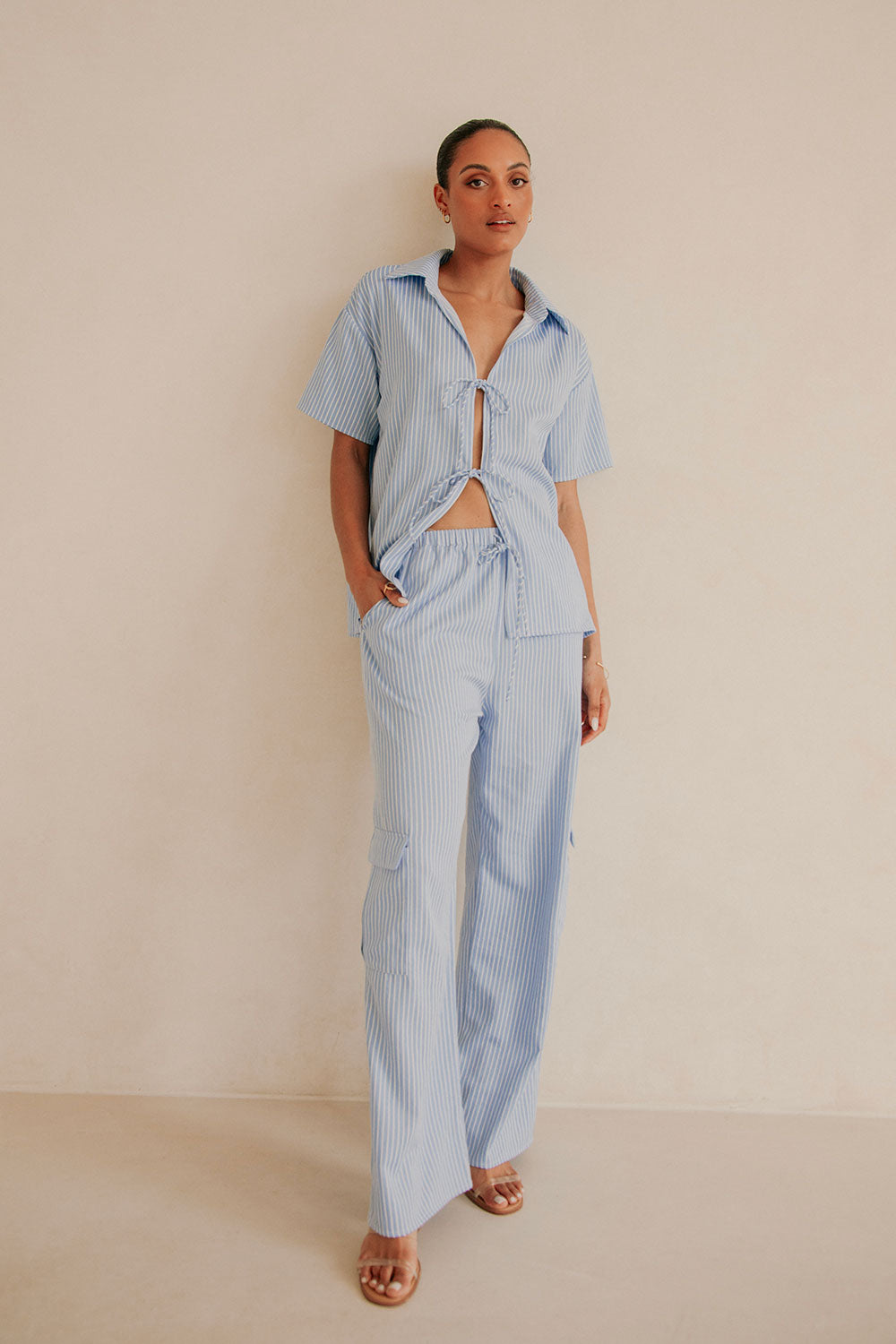 Blue High Waist Drawstring Pocket Brielle Pants