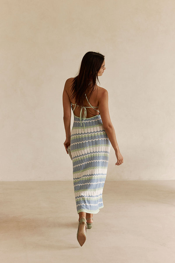 White Blue and Green Stripe Knit Halter Maxi Bexley Dress