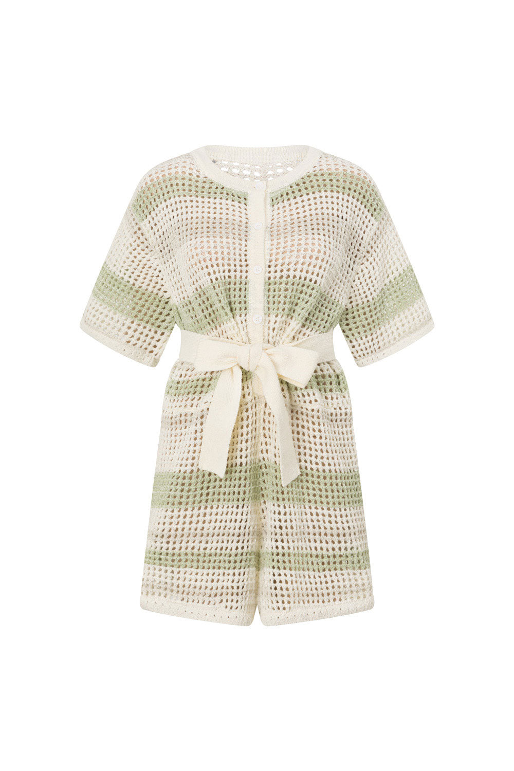 Easton Short Sleeve Button Up Knit Playsuit - Cream, Green Grey Stripe