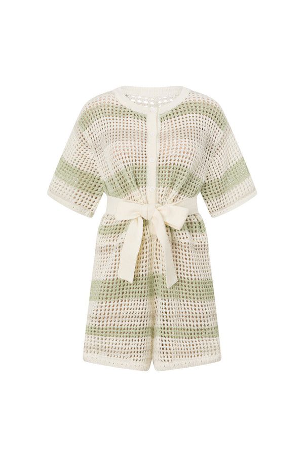Easton Short Sleeve Button Up Knit Playsuit - Cream, Green Grey Stripe