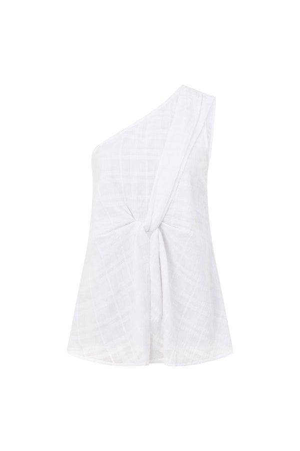 White Plaid One Shoulder Split Knot Sofia Top