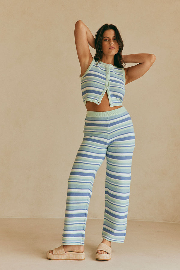 Blue Striped Knit High Waist Aero Pants