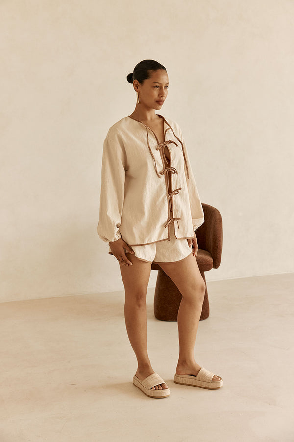 Beige Puff Sleeve Front Tie Paloma Top