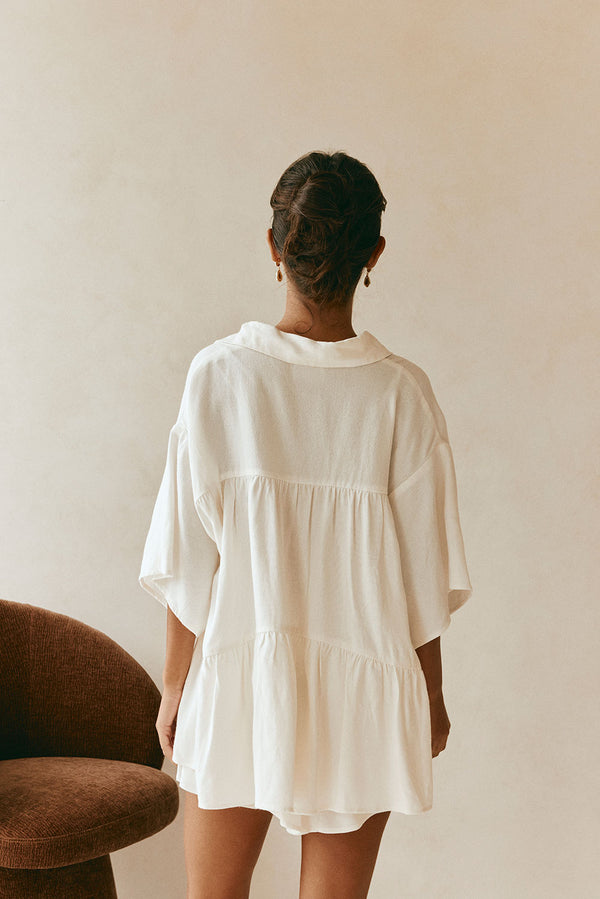 White Short Sleeve Button Up Collar Luna Top