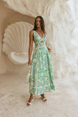 Green Floral Heritage Print V Neck Maxi Evia Dress