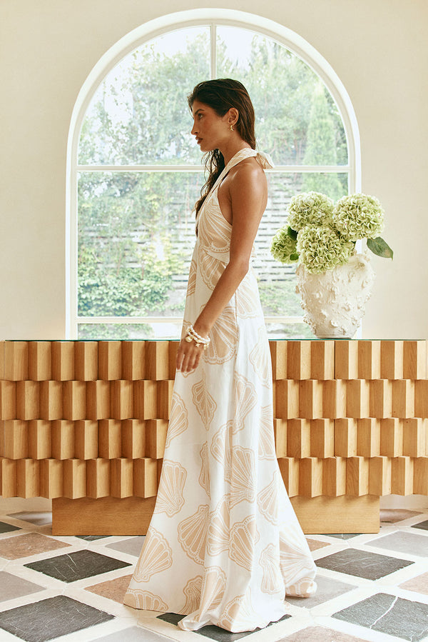 Cream Coastal Shell Cut Out Halter Maxi Aiko Dress