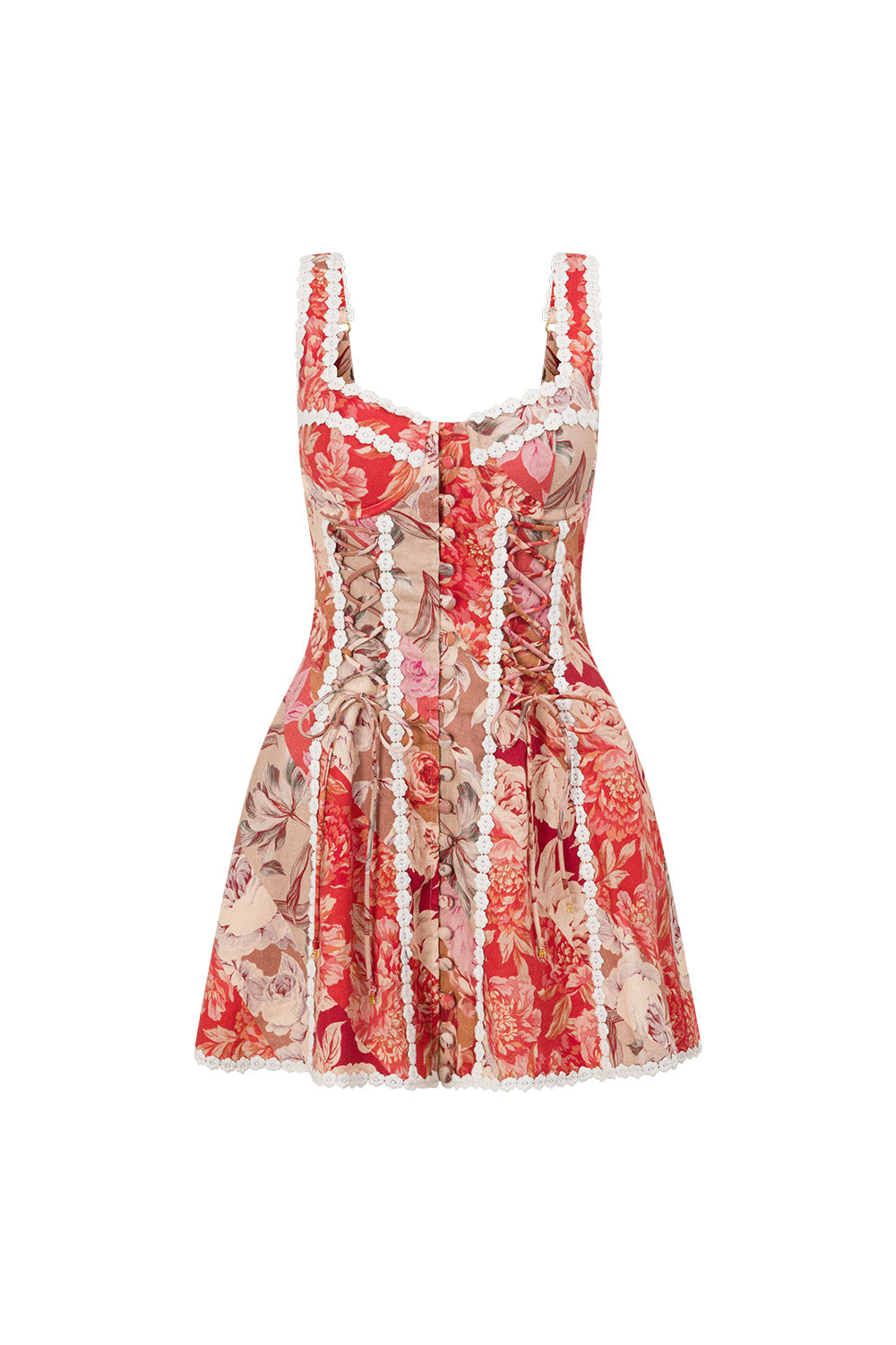 Red Floral Solafleur Lace Up Mini Camille Dress