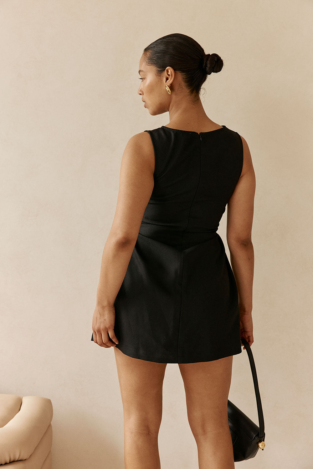 Black Suiting Pleat Mini Camellia Dress