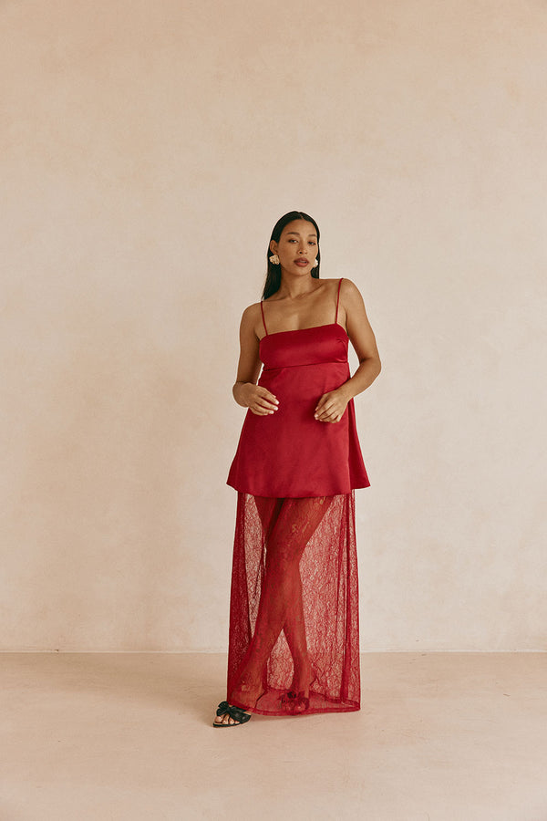 Red Silky Lace Strappy Maxi Dove Dress