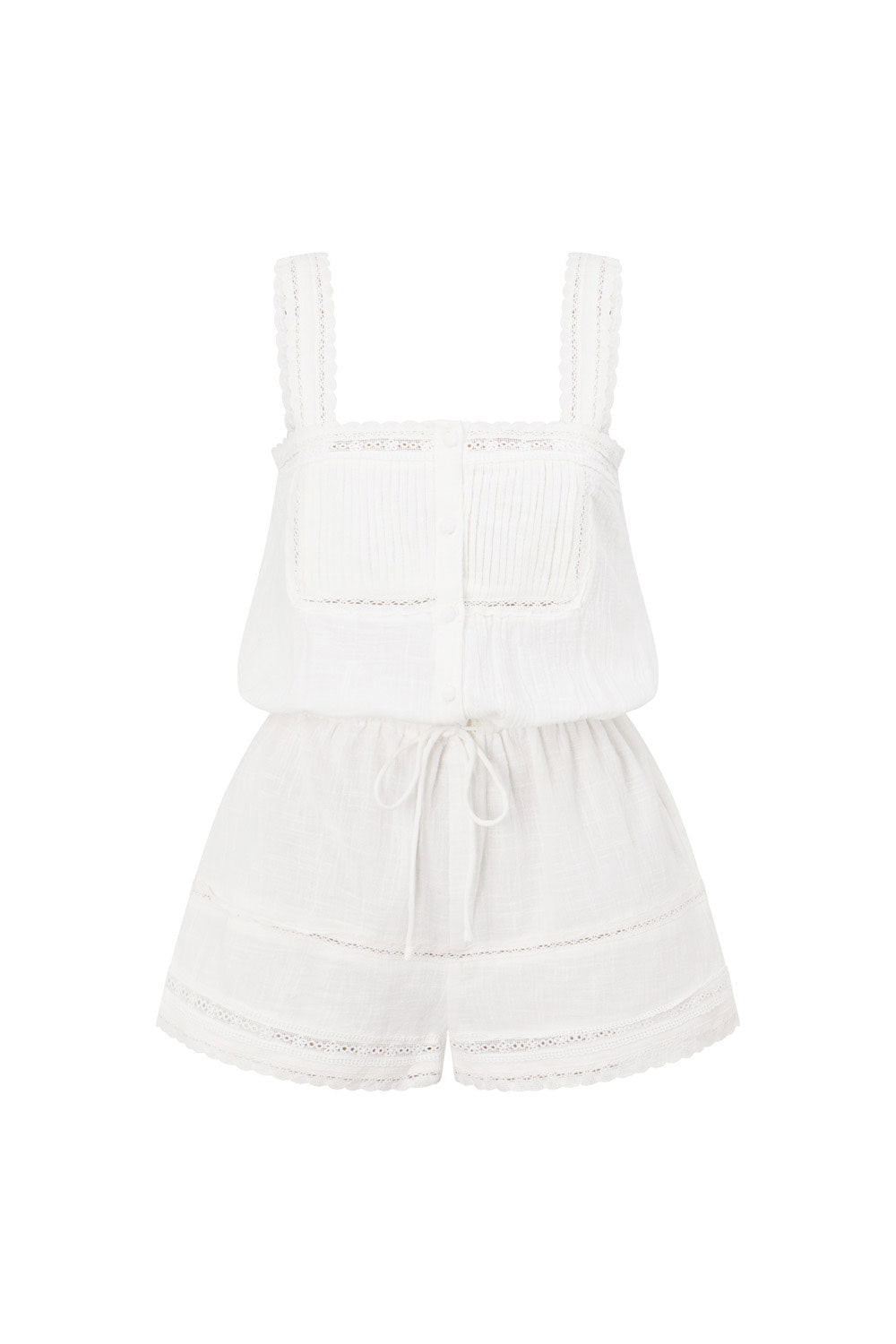 Zelle Lace Button Front Tie Playsuit - White