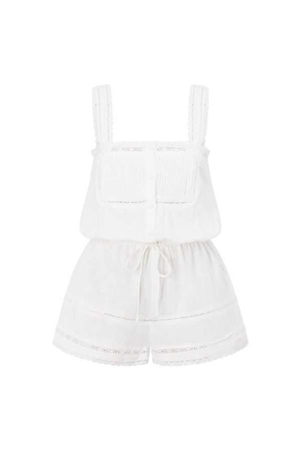 Zelle Lace Button Front Tie Playsuit - White
