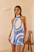 Palm Blue Print Backless Halter Mini Frances Dress