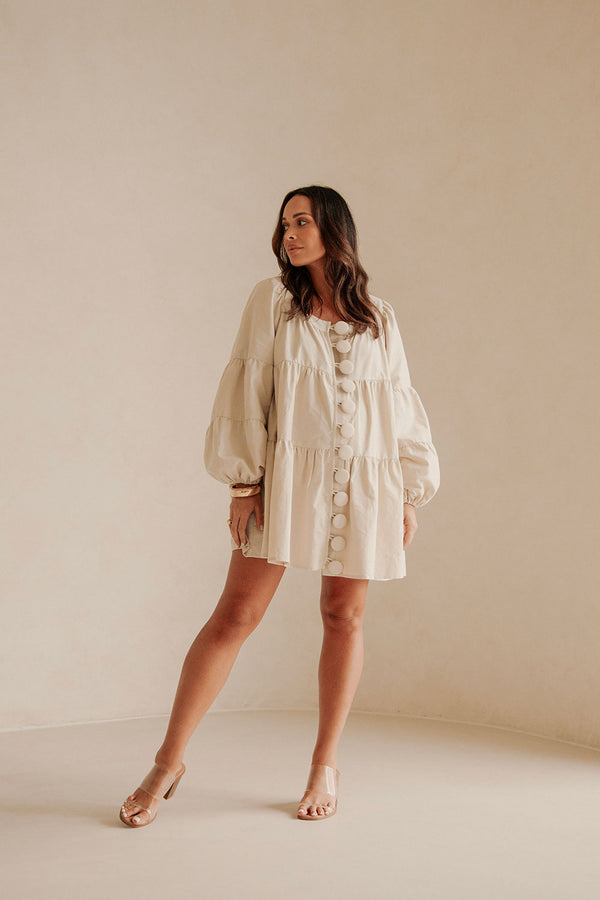 Beige Puff Sleeve Button Midi Palmer Dress