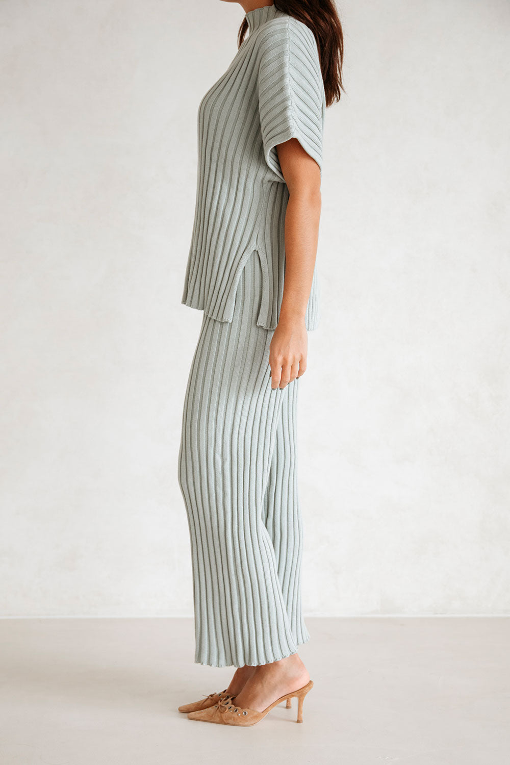Grey Ribbed Knit High Waist Elastic Celine Pants