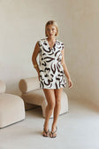 Cream Floral Fleur Lines Print V Neck Mini Amaya Dress