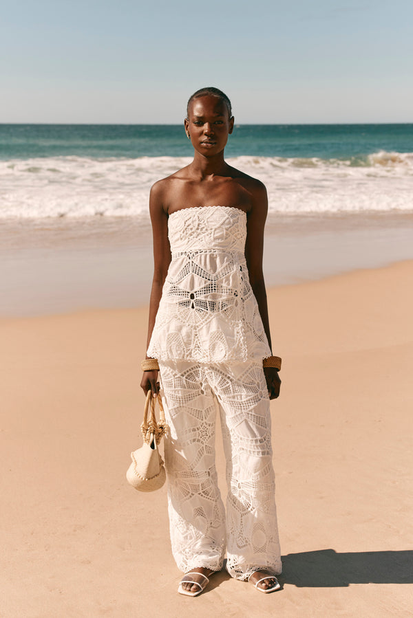 White Embroidered Cutwork Strapless Donna Top