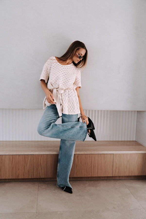 Cream Pointelle Knit Waist Tie Mini Demi Dress