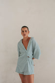 Mallory Button Up Top - Green Stripe
