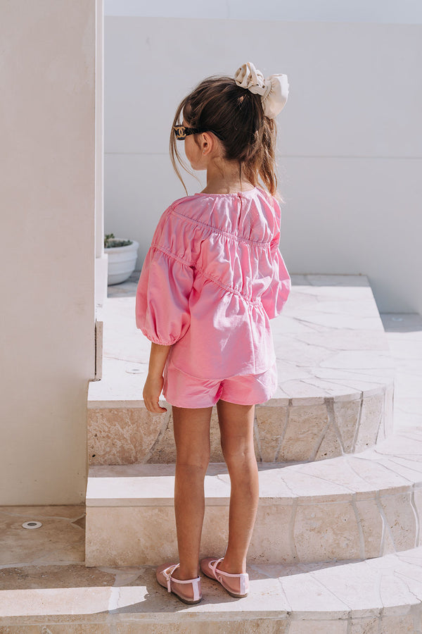Pink Ruched Puff Sleeve Bikkie Mini Top