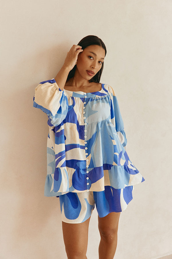 Vally Blue Print Elastic Drawstring Elara Shorts