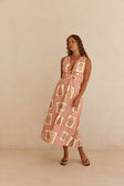Pink Florero Print V Neck Midi Mira Dress