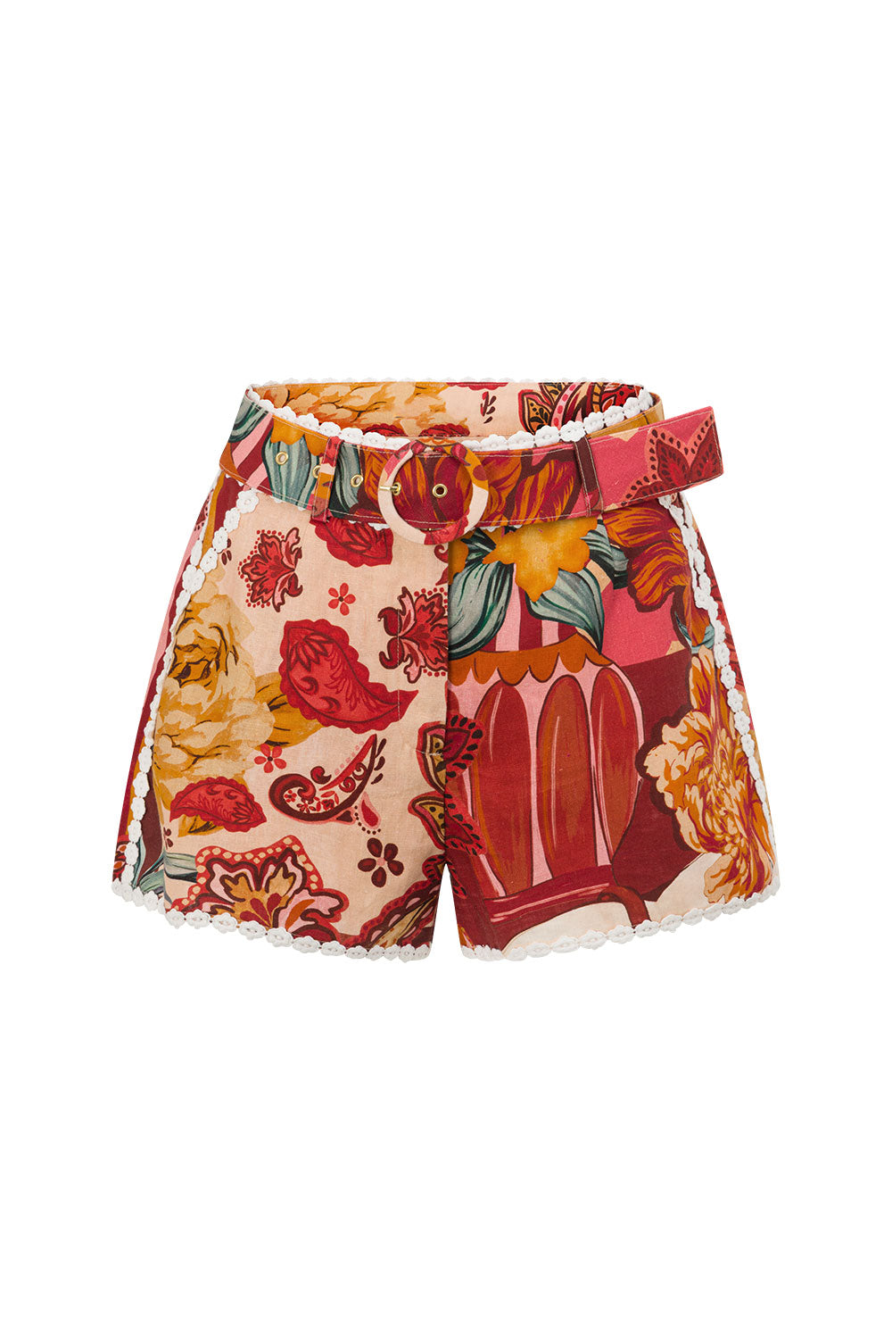 Red Floral Barocca Print Belt Bia Shorts
