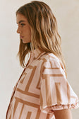 Pink Hellenic Maze Short-Sleeve Button-Up Collared Kira Top