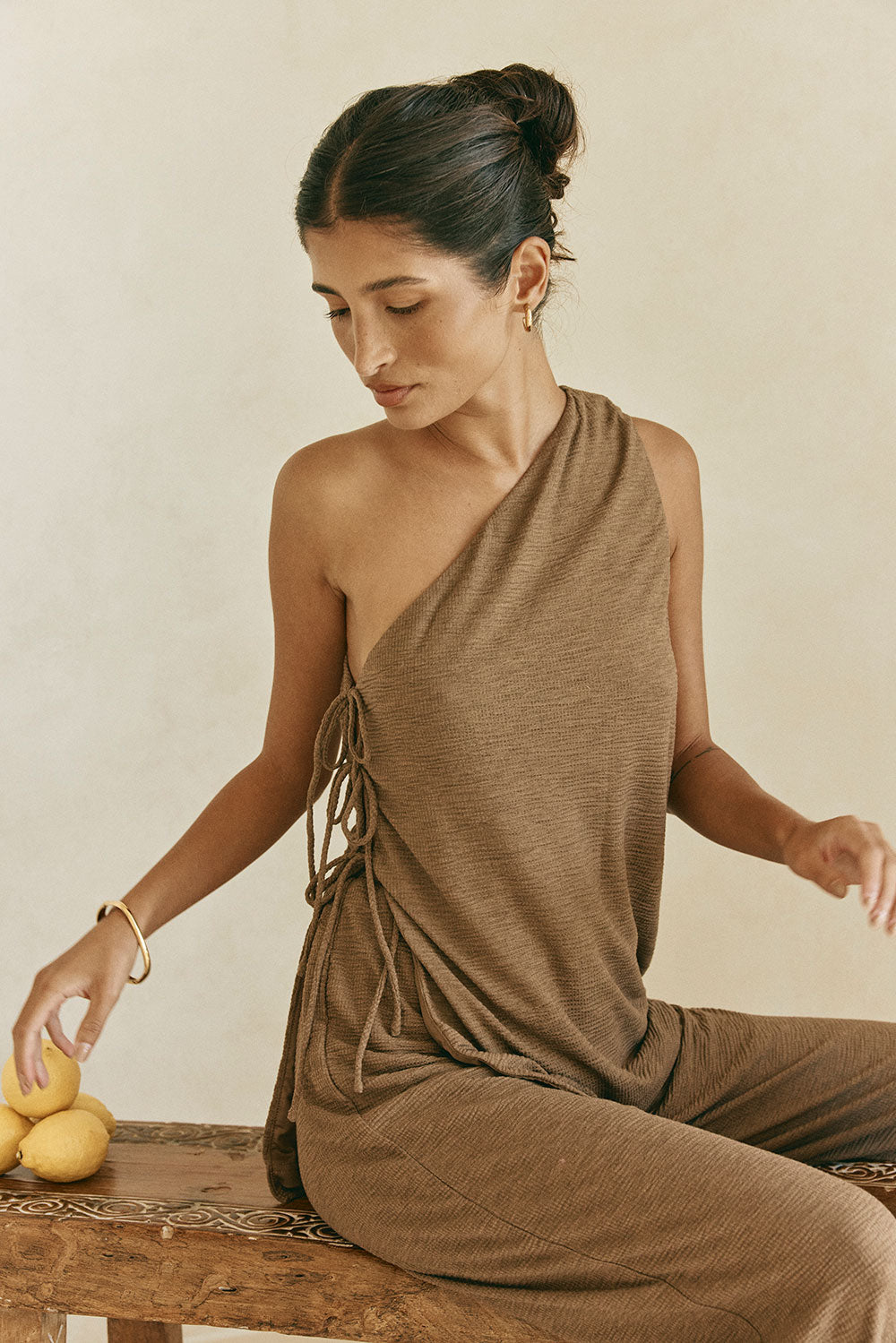 Chocolate Brown One Shoulder Side Tie Zen Top